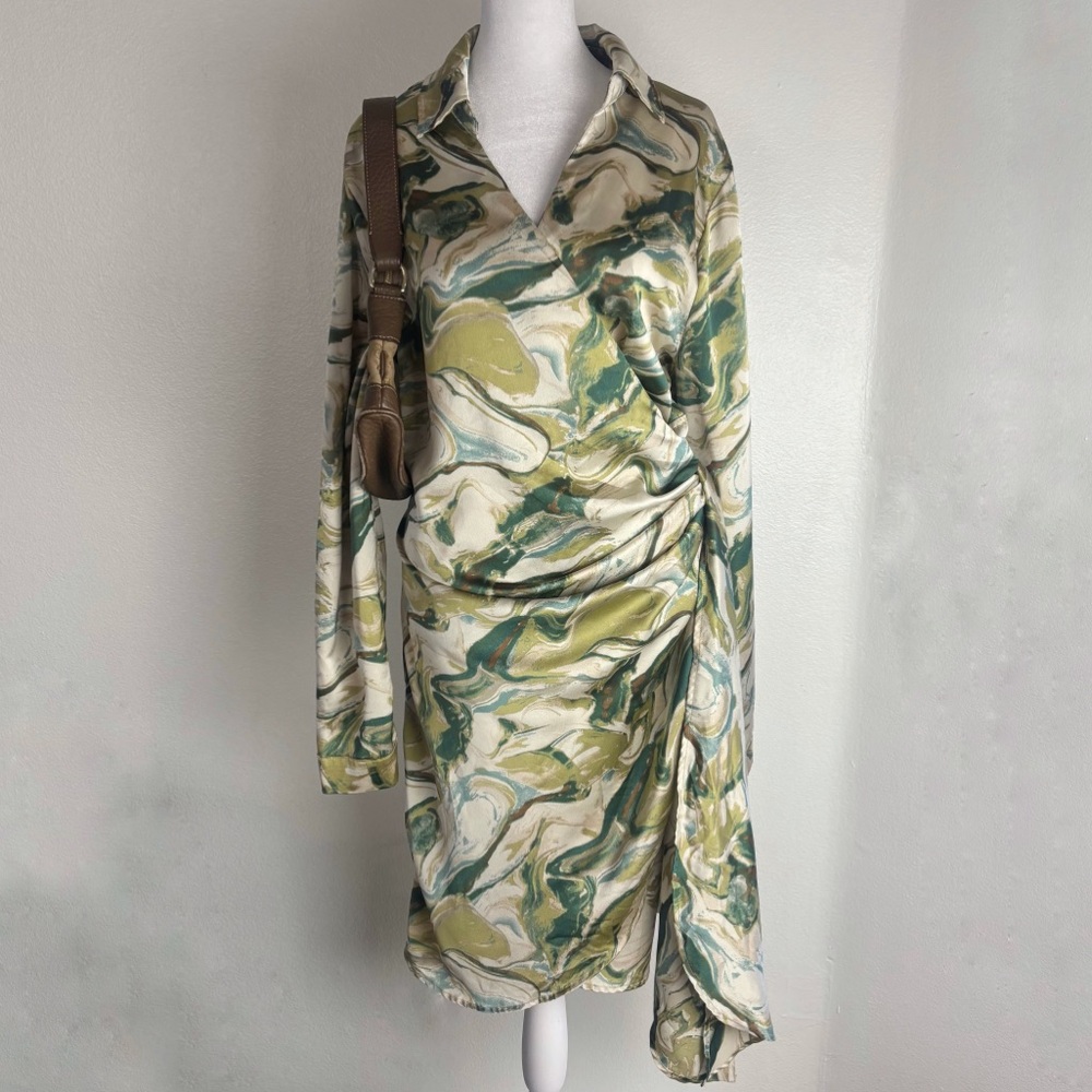 Marble Print Wrap Shirt Dress 3XL Satin Look Draped Tie Dress